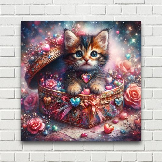 Poster Kitty Adorable Dans Boîte De Coeur Avec Fleurs