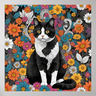 Poster Kitty au milieu des fleurs