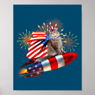 Poster Kitty Chat 4 juillet Roquette Avec Fireworks USA