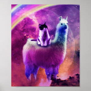 Poster Kitty Chat Riding Sur Rainbow Llama Dans L'Espace