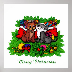 Poster Kitty et chiot, Happy XMas