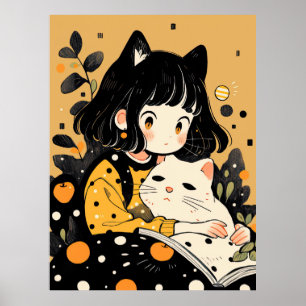 Poster Kitty girl lire un livre