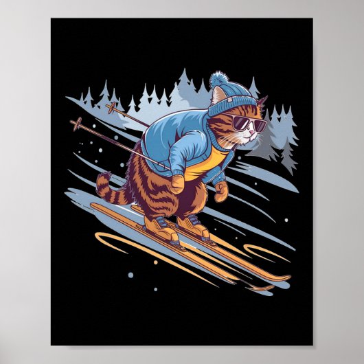 Poster Kitty Ski Sur Une Pente Neige Drôle (Devant)