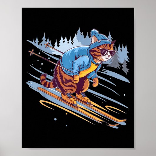 Poster Kitty skiing down a snowy slope funny  (Devant)
