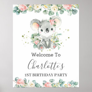 Poster Koala Floral Baby shower de verdure Bienvenue
