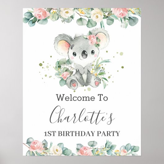 Poster Koala Floral Baby shower de verdure Bienvenue (Devant)