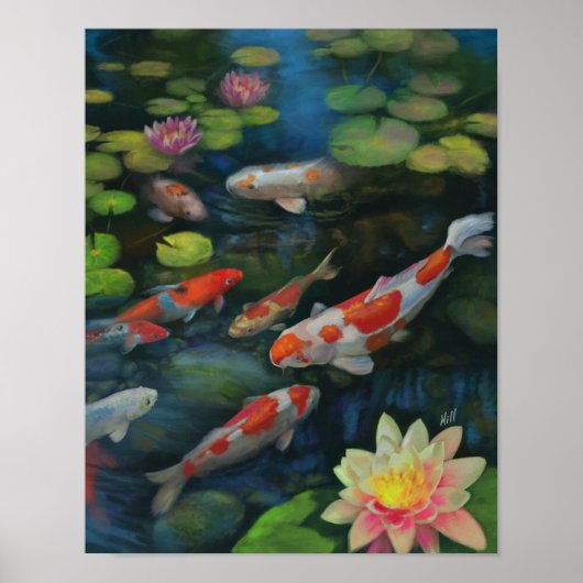 Poster Koi Poisson Natation Lotus Fleur Étang Zen Peintur (Devant)