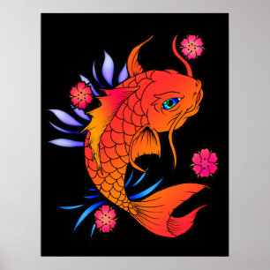 Poster koi poissons et fleurs