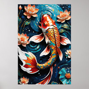 Poster Koi vibrant et de belles fleurs scène aquatique