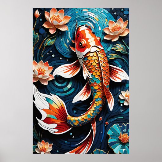 Poster Koi vibrant et de belles fleurs scène aquatique (Devant)