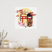 Poster Kokeshi Doll Floral Kimono (Cuisine)