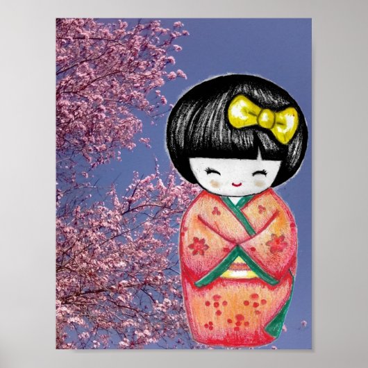 Poster Kokeshi Doll Sakura Cherry Blossoms Imprimer Poste (Devant)