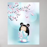 Kokeshi Poupée Cerisier Fleurs Turquoise Filles