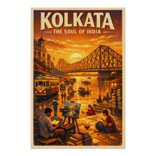 Poster Kolkata, Inde, dans un classique voyage rétro