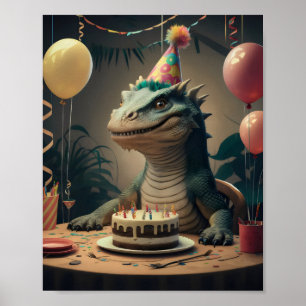 Poster Komodo Dragon assis à table avec un gâteau d'anniv