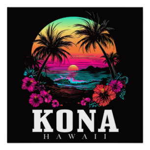 Poster Kona Hawaï Fleurs d'Hibiscus Hawaïen Surfeur