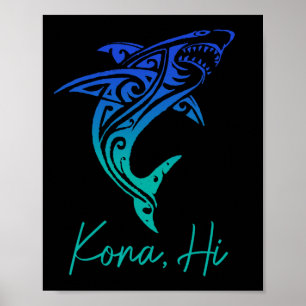 Poster Kona Hawaii Requin Plongée Pêche Surf Surfeur Hawa