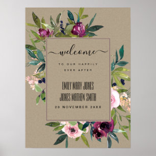 POSTER KRAFT BLUSH BURGUNDY FLORAL BUNCH MARIAGE ACCUEIL