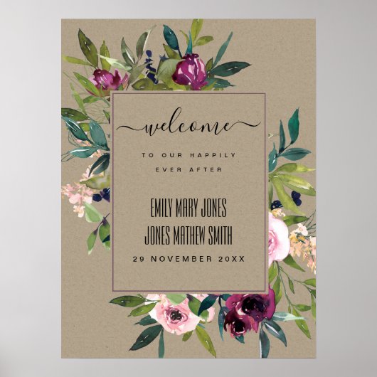 POSTER KRAFT BLUSH BURGUNDY FLORAL BUNCH MARIAGE ACCUEIL (Devant)