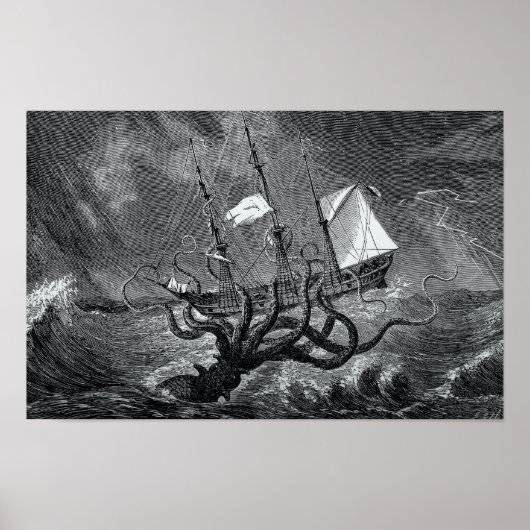 Poster Kraken Attaquer Navire vintage (Devant)