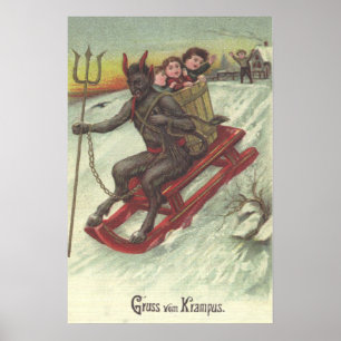 Poster Krampus enlève des enfants avec sa fourche de traî