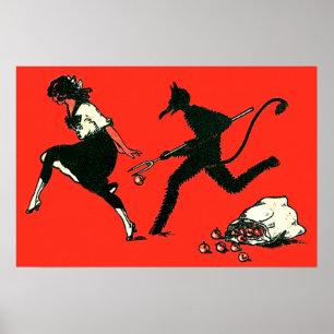 Poster Krampus rouge poursuivant une femme avec des pomme