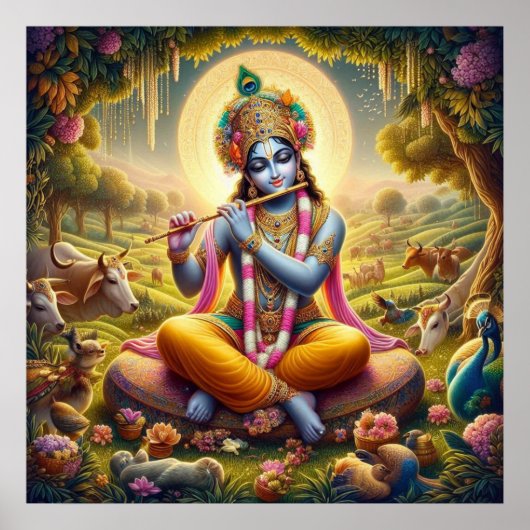 Poster Krishna Art de la Flûte Dorée Divine (Devant)