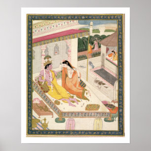 Poster Krishna et Radha sur un lit dans un palais de