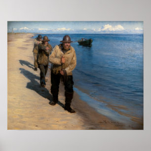 Poster Kroyer - Trois pêcheurs tirant un bateau