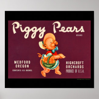 Poster KRW Vintage Piggy Pears Étiquette Fruit Crate