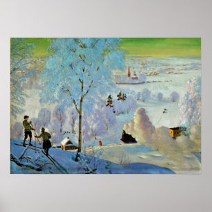 Poster Kustodiev - Skiers