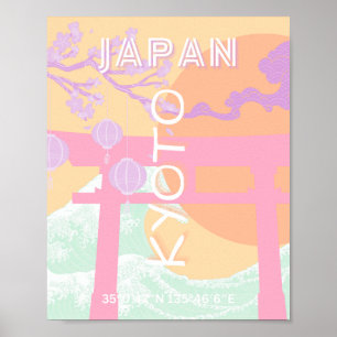 Poster Kyoto Japan Travel Art, Orange Pastel Art