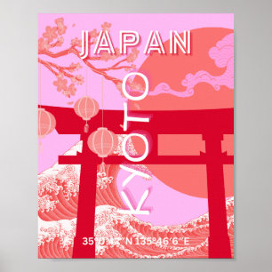 Poster Kyoto Japon Travel Art, Art de Voyage rose