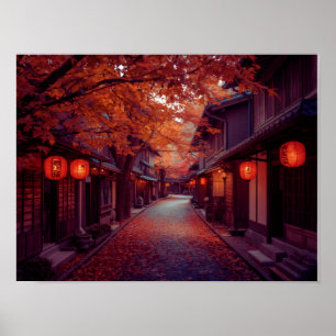 Poster Kyoto rue d'automne avec lanternes - Eau japonaise