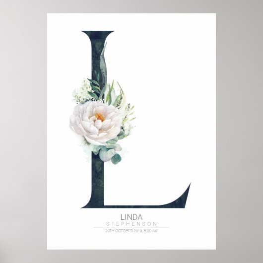 Poster L Lettre Monogramme Fleurs Blanches et Feuillage (Devant)