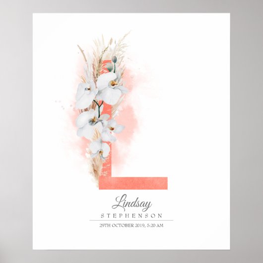 Poster L Monogramme Lettre Orchidées Blanches et Herbe de (Devant)