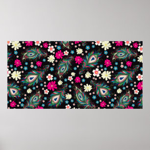 Poster La broderie paon plumes motif sans soudure. Classe