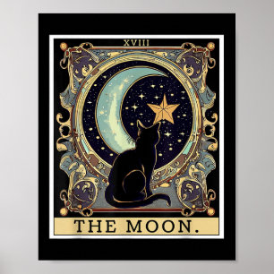Poster La carte de tarot de la lune croissante Chat noir 