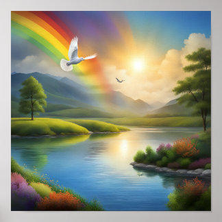 Poster La colombe survole un paysage serein