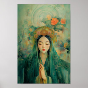 Poster La déesse bouddhiste Quan Yin Green Floral Peintur