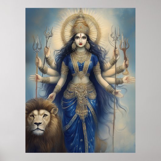 Poster La déesse Durga avec Lion Divine Hindu Portrait Po (Devant)