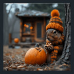 Poster La fête forestière secrète de l'écureuil Ai image<br><div class="desc">Cet écureuil solitaire est en train de faire un festin secret de noix pendant la saison d'automne de la forêt, un petit citrouille orange avec sa coupe en haut ouvert, révèle encore plus de noix à l'intérieur. Le sol est recouvert de feuilles tombés et de débris. Cette scène simple évoque...</div>