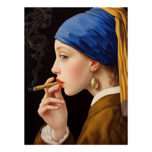 Poster La fille de Vermeer avec une perle en train de fum