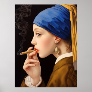 Poster La fille de Vermeer avec une perle en train de fum