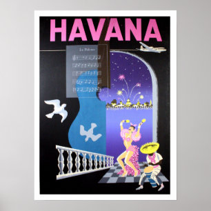 Poster La Havane, Cuba, nuits de danse, ligne aérienne