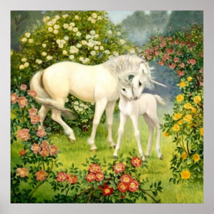 Poster La licorne mère et bébé parmi les fleurs au printe
