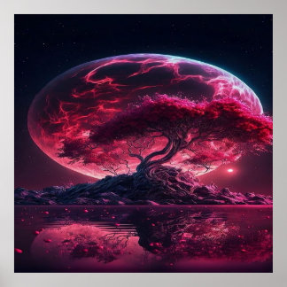 Poster La lune de sang monte. Imaginaire lune rose violet