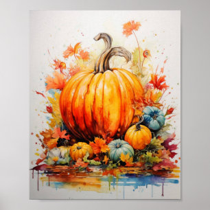 Poster La magie d'automne : Citrouilles en aquarelle vive
