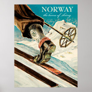 Poster La Norvège, pied d'un skieur, voyage vintage