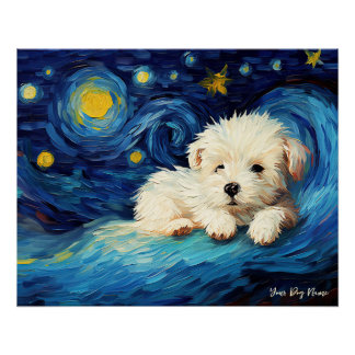 Poster La nuit étoilée - Chien maltais 002 - Qian wan Gog